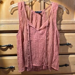 AE Lace Tank Top with Cami and Tassels, American Eagle, Dusty Rose, S